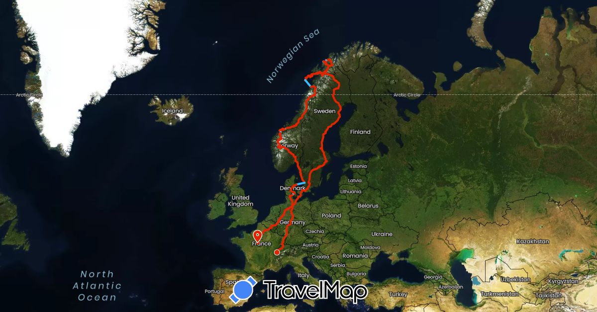 TravelMap itinerary: driving, cycling, boat, camping-car in Belgium, Germany, Denmark, France, Norway, Sweden (Europe)